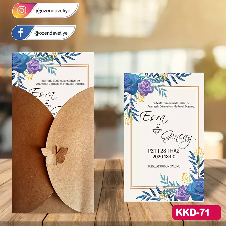 ozen-davetiye-Düğün Davetiyesi - Kelebekli Kraft Zarflı Davetiye Model No:71